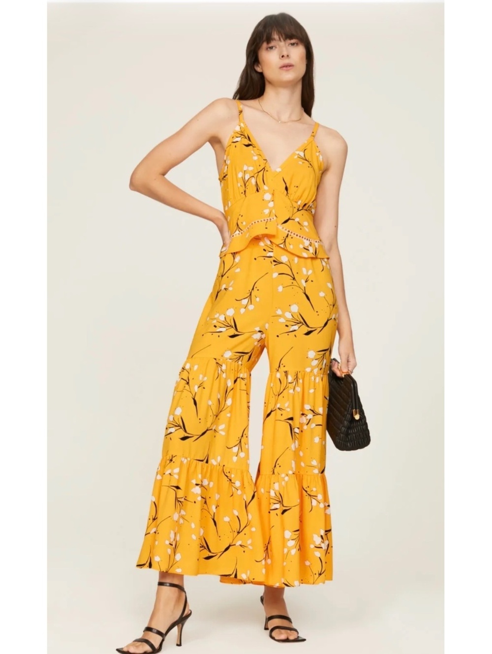 Thakoon Collective Yellow Floral Tiered Wide Leg Jumpsuit Size 12